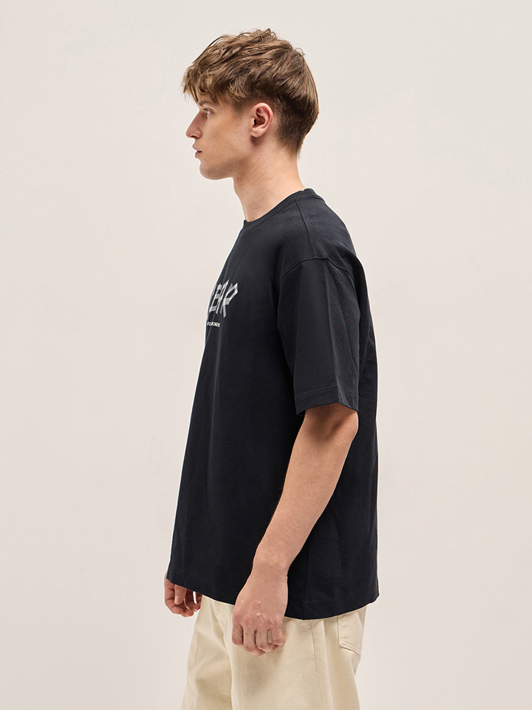 Men Black Geometric BEAR Graphic Oversized Crew Neck T-shirt