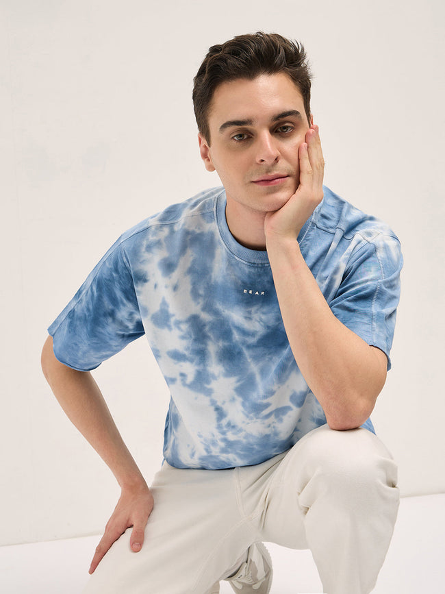 Men Blue Tie-Dye Oversized Crew Neck T-shirt