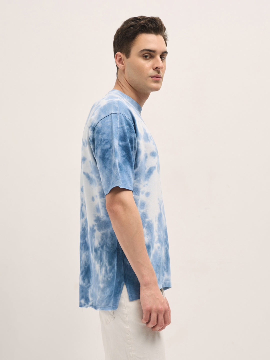 Men Blue Tie-Dye Oversized Crew Neck T-shirt