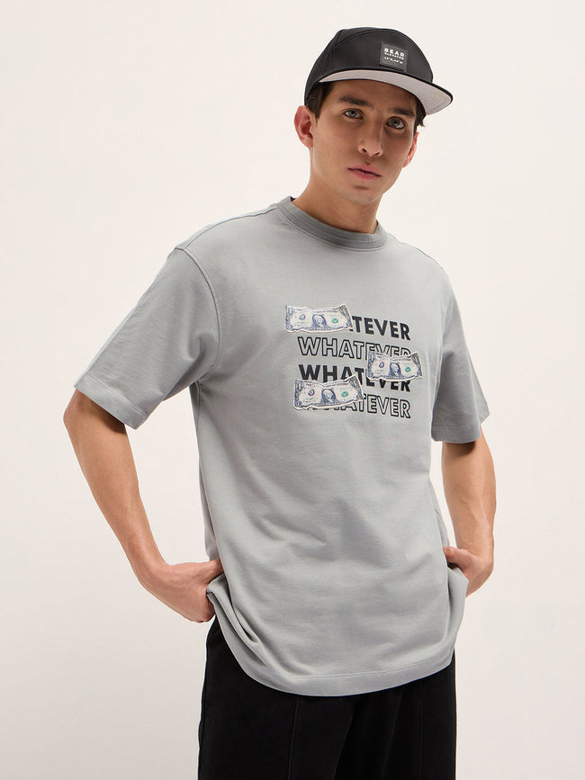 Men Grey Oversized Crew Neck T-Shirt