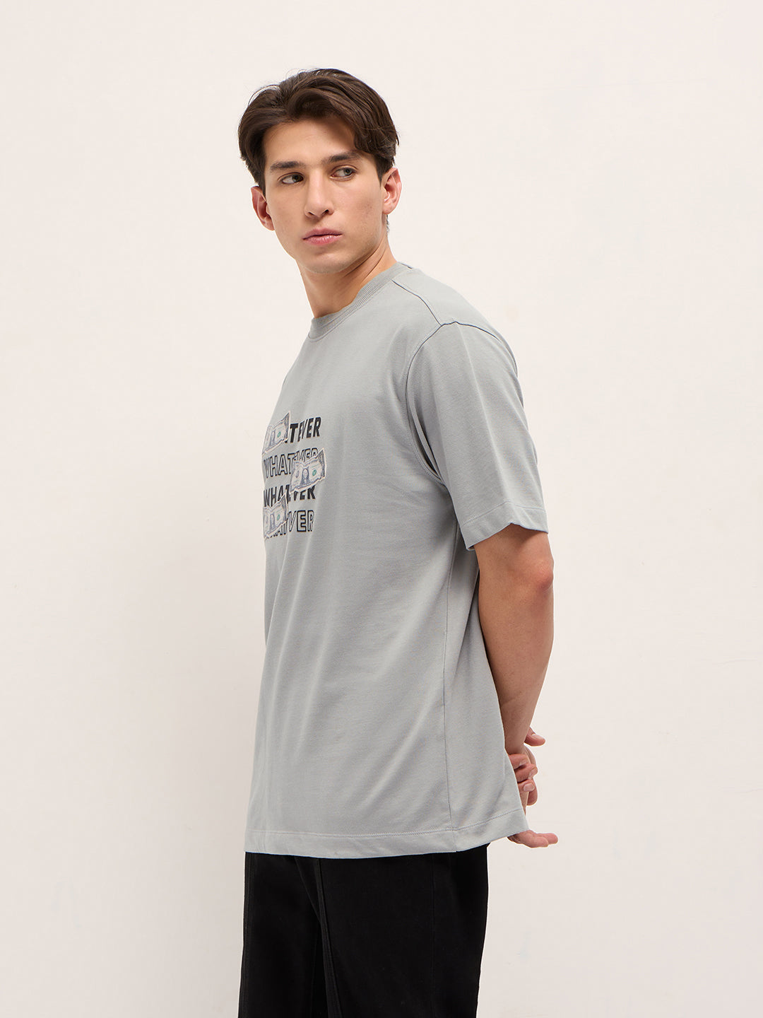 Men Grey Oversized Crew Neck T-Shirt