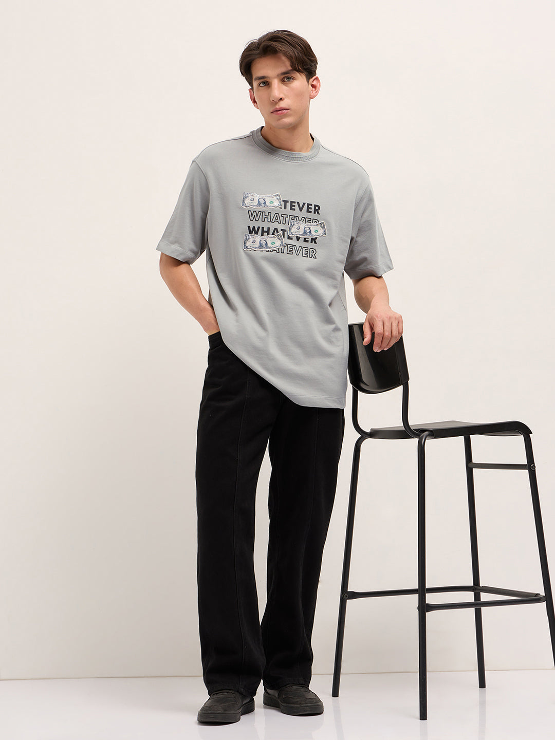 Men Grey Oversized Crew Neck T-Shirt