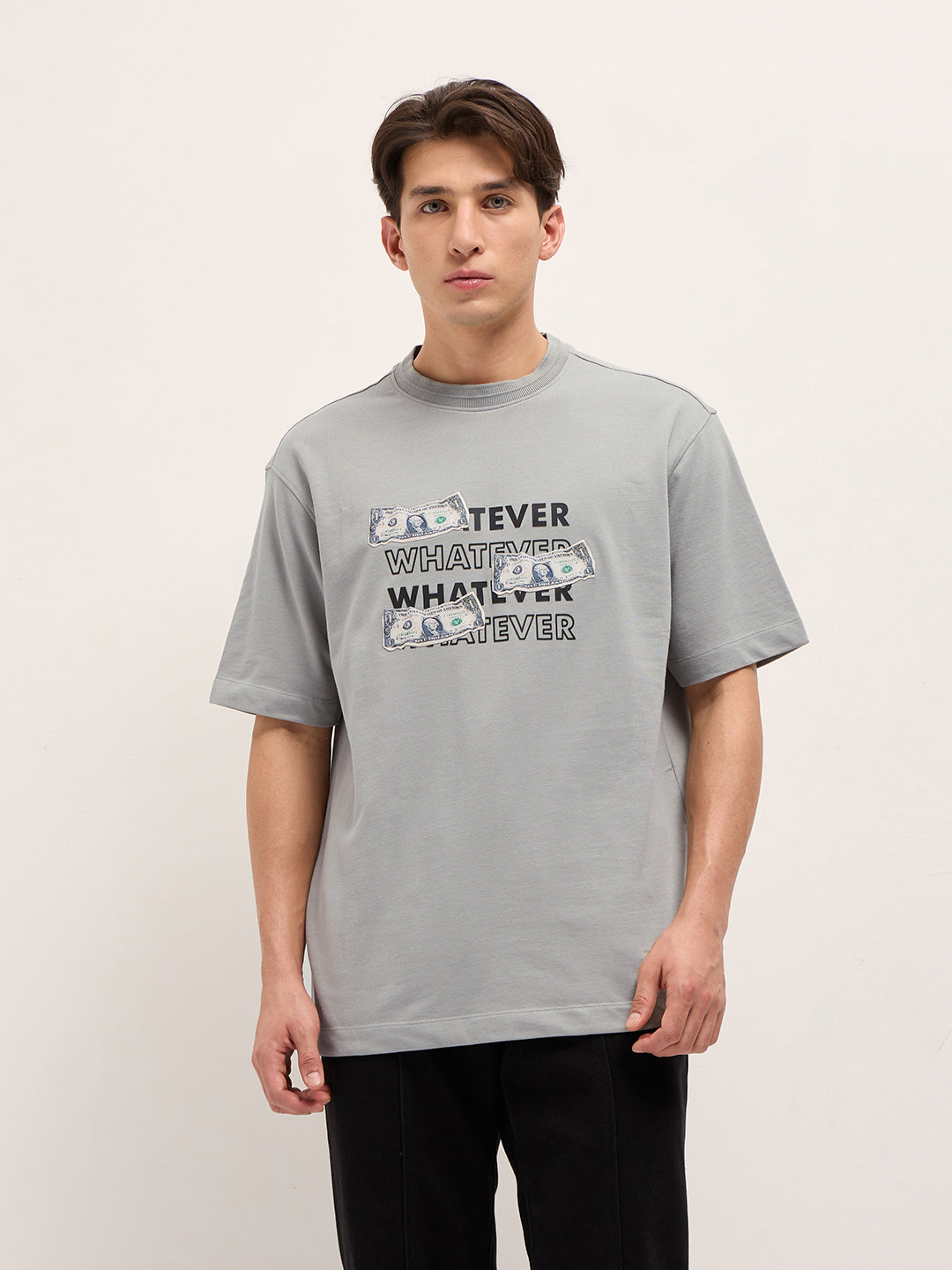 Men Grey Oversized Crew Neck T-Shirt