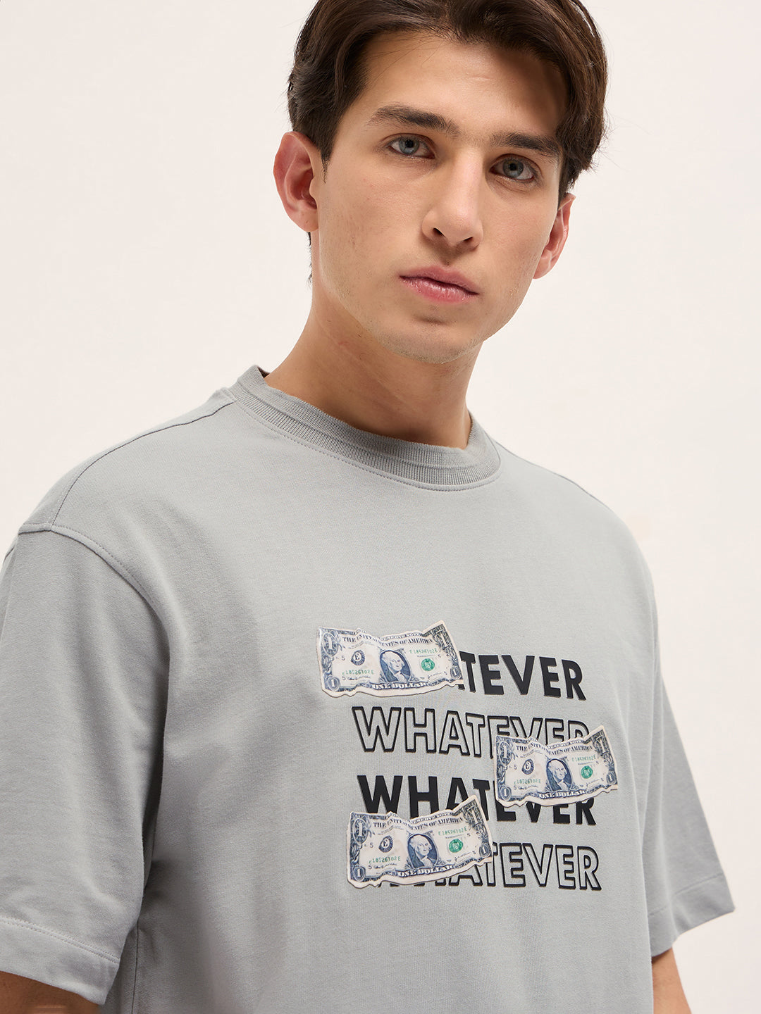 Men Grey Oversized Crew Neck T-Shirt