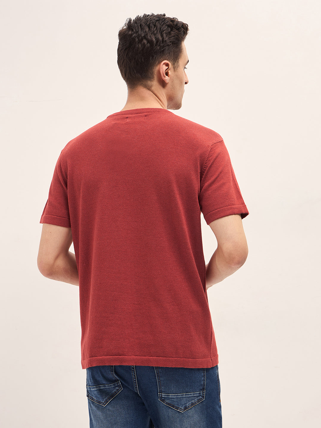 Men Rust Solid Regular Fit Ribbed Crew Neck T-shirt