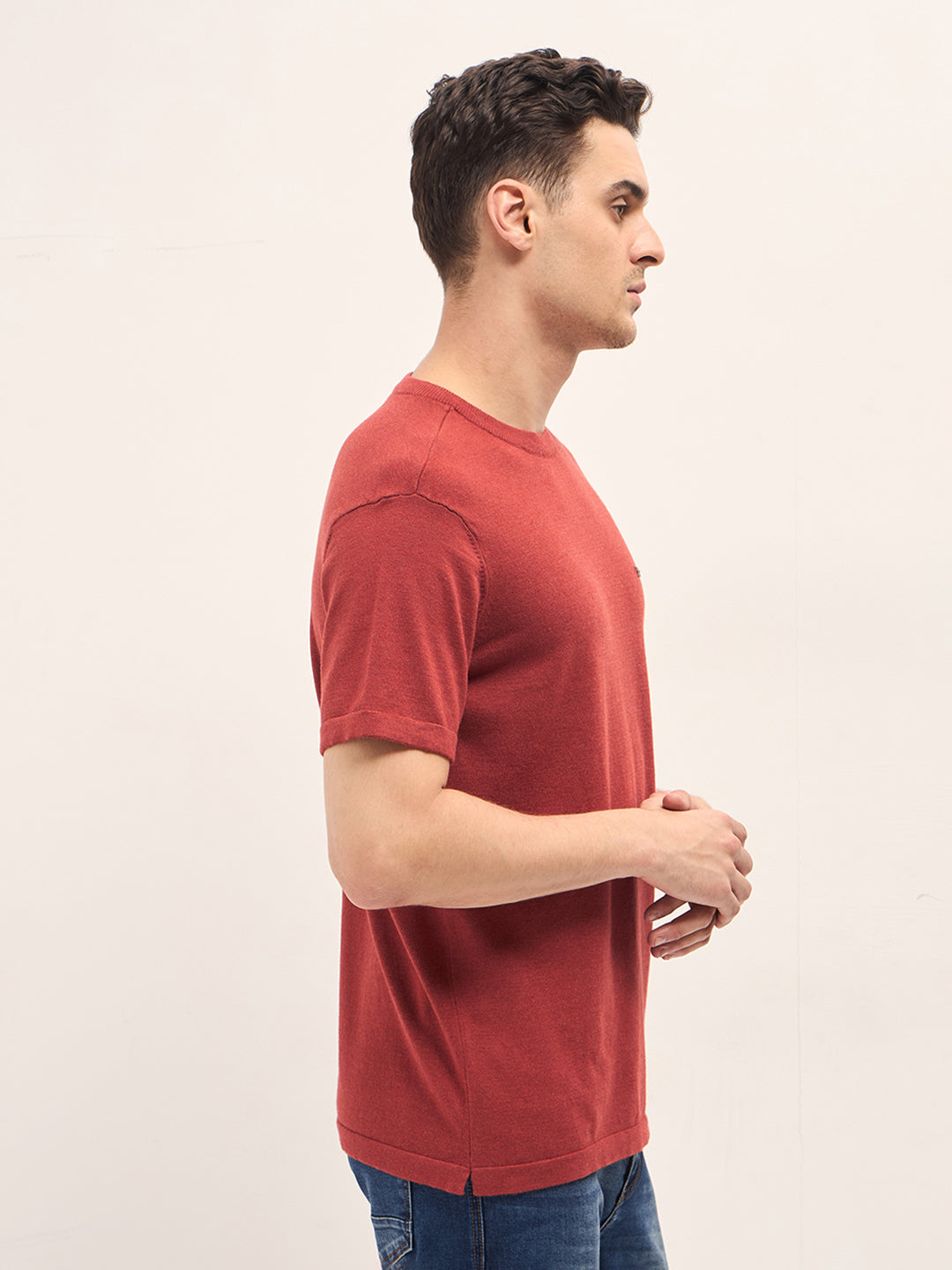 Men Rust Solid Regular Fit Ribbed Crew Neck T-shirt