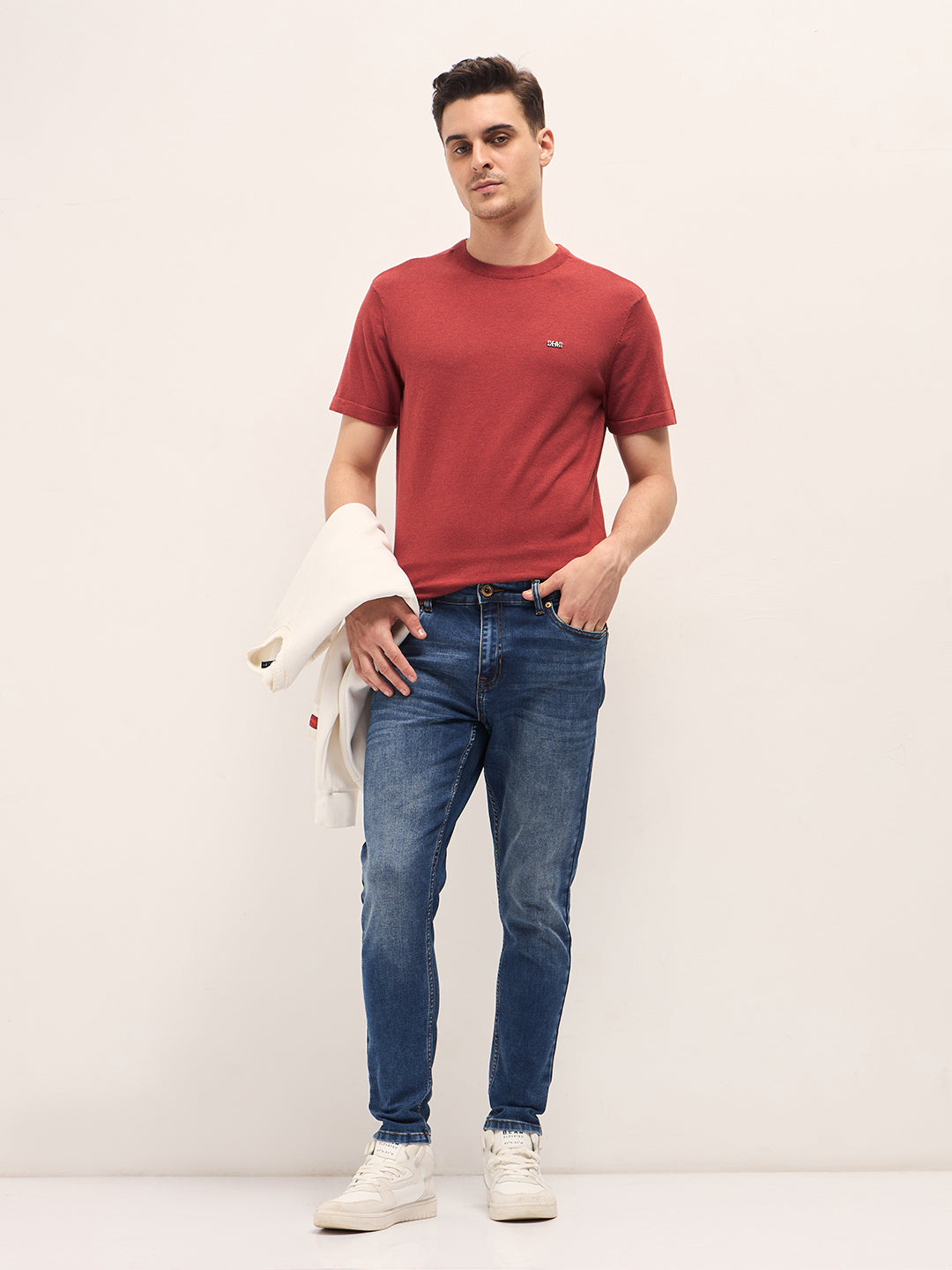 Men Rust Solid Regular Fit Ribbed Crew Neck T-shirt