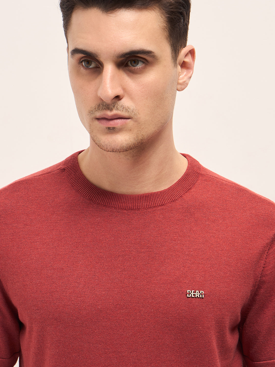 Men Rust Solid Regular Fit Ribbed Crew Neck T-shirt