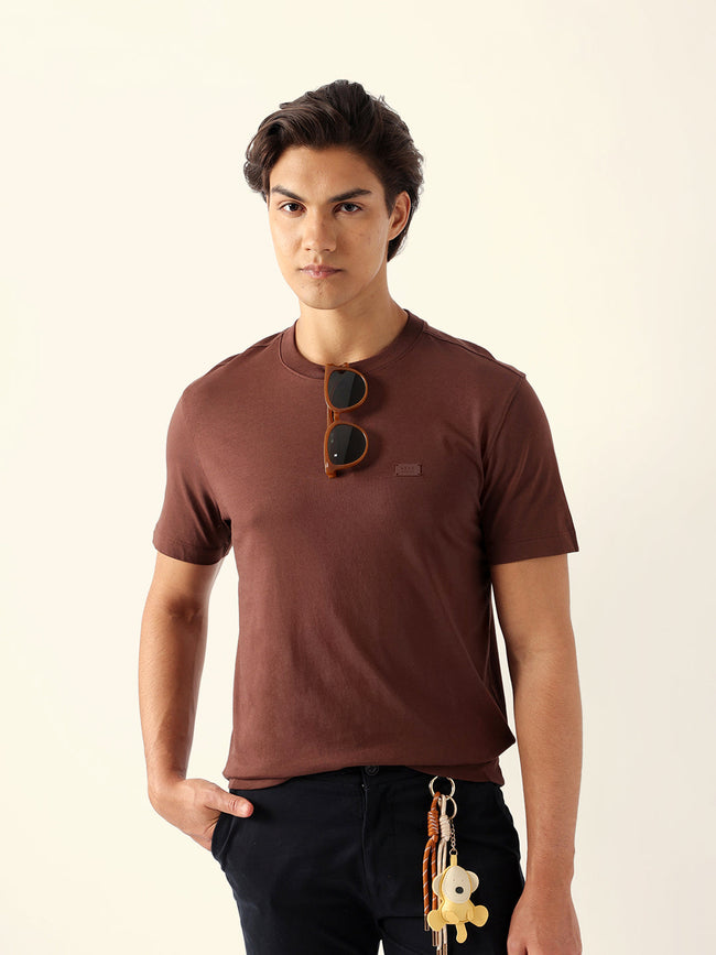 Men Brown Cotton Solid T-Shirt