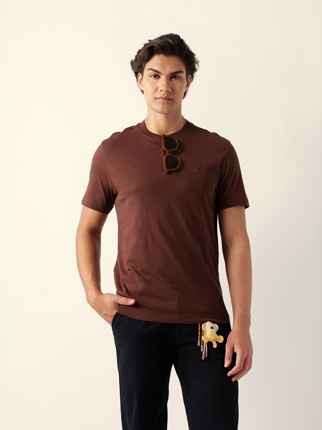 Men Brown Cotton Solid T-Shirt