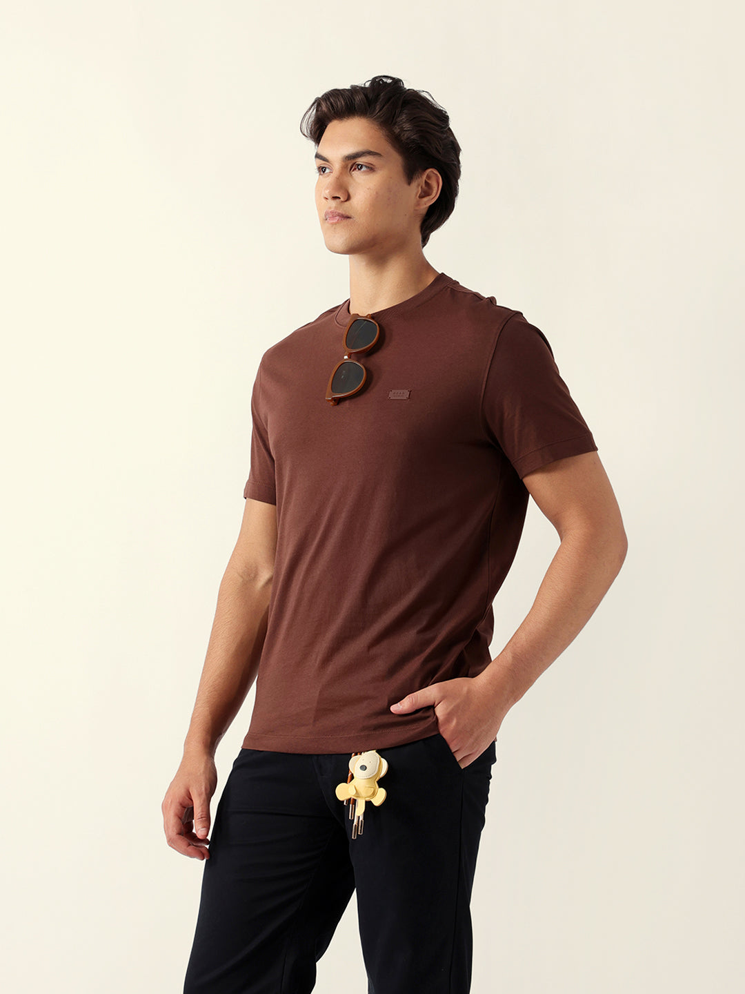Men Brown Cotton Solid T-Shirt