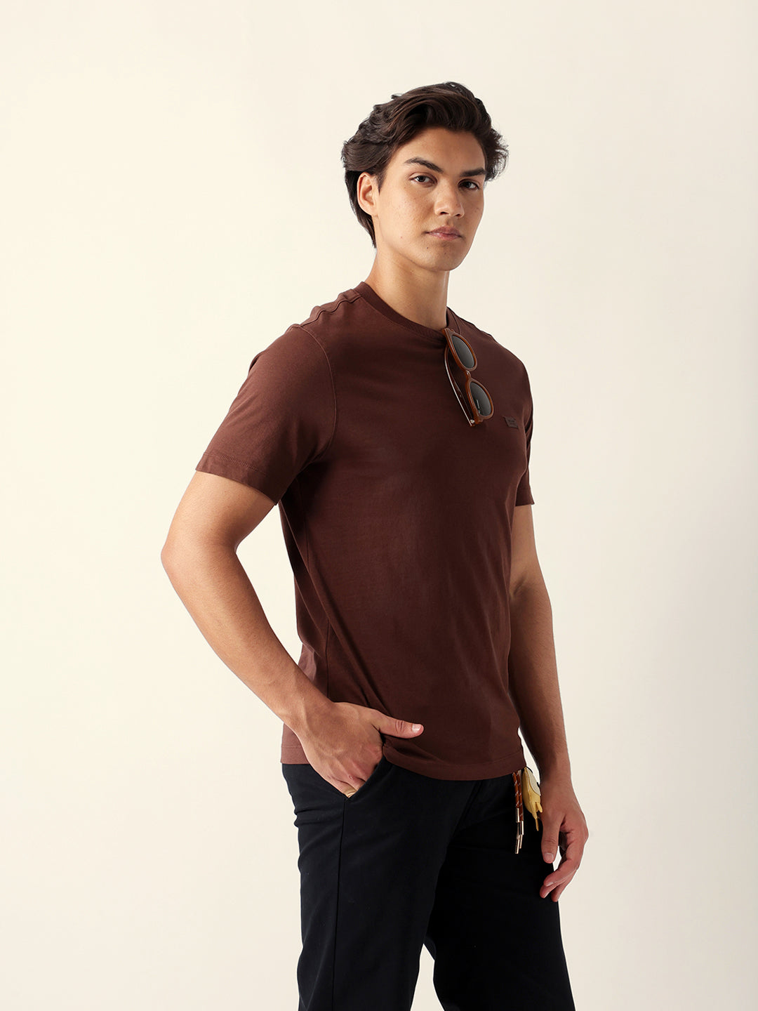 Men Brown Cotton Solid T-Shirt
