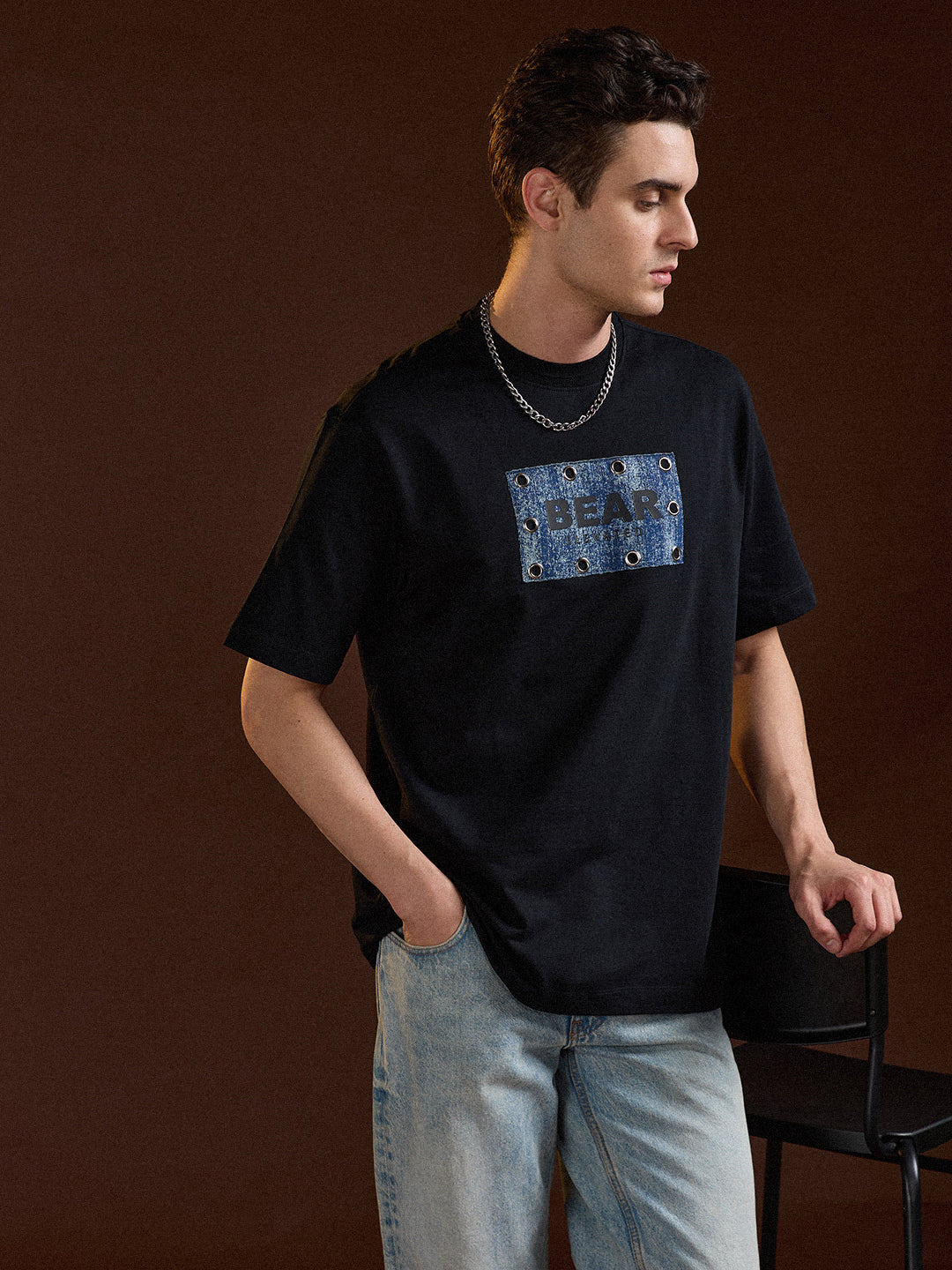 Men Black Oversize Graphic Design Crew Neck T-shirt