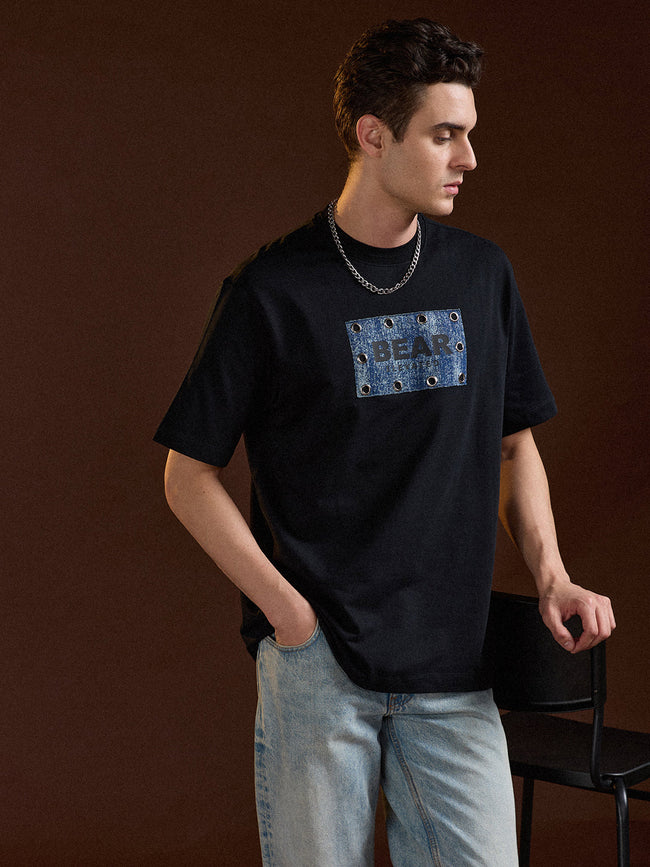Men Black Oversize Graphic Design Crew Neck T-shirt