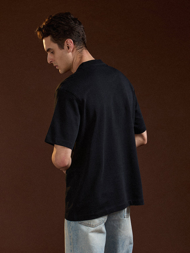 Men Black Oversize Graphic Design Crew Neck T-shirt