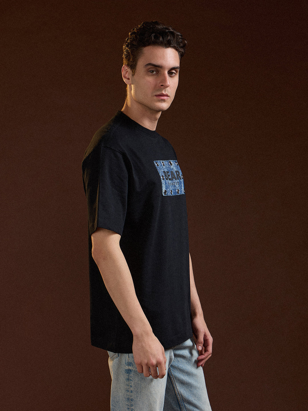 Men Black Oversize Graphic Design Crew Neck T-shirt