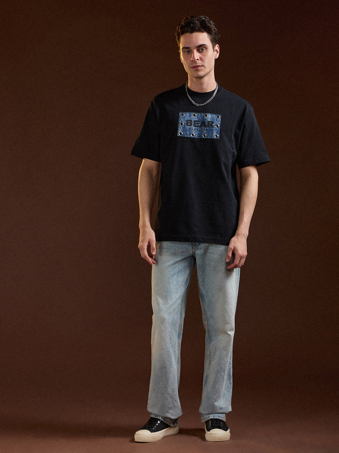 Men Black Oversize Graphic Design Crew Neck T-shirt