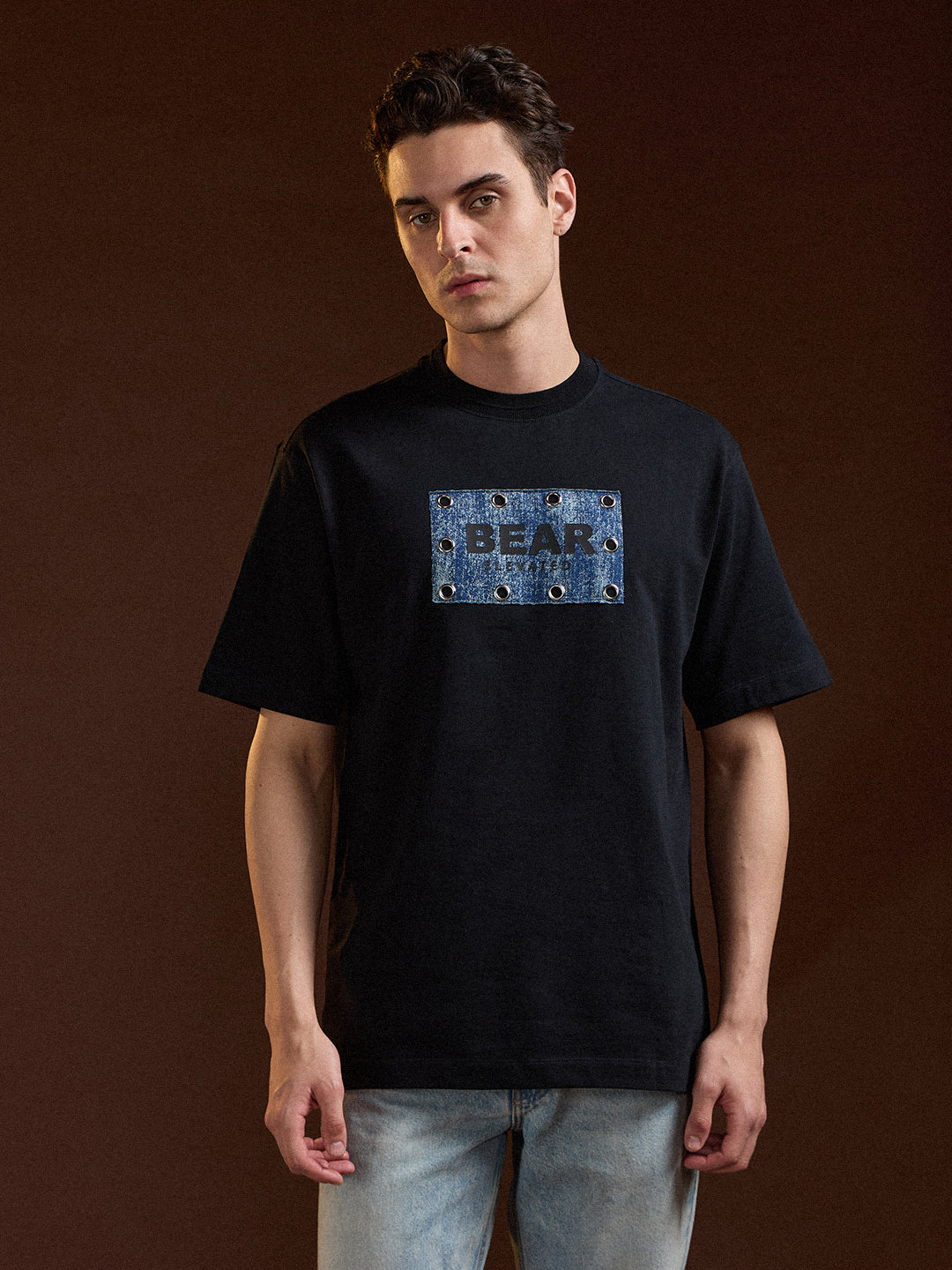 Men Black Oversize Graphic Design Crew Neck T-shirt