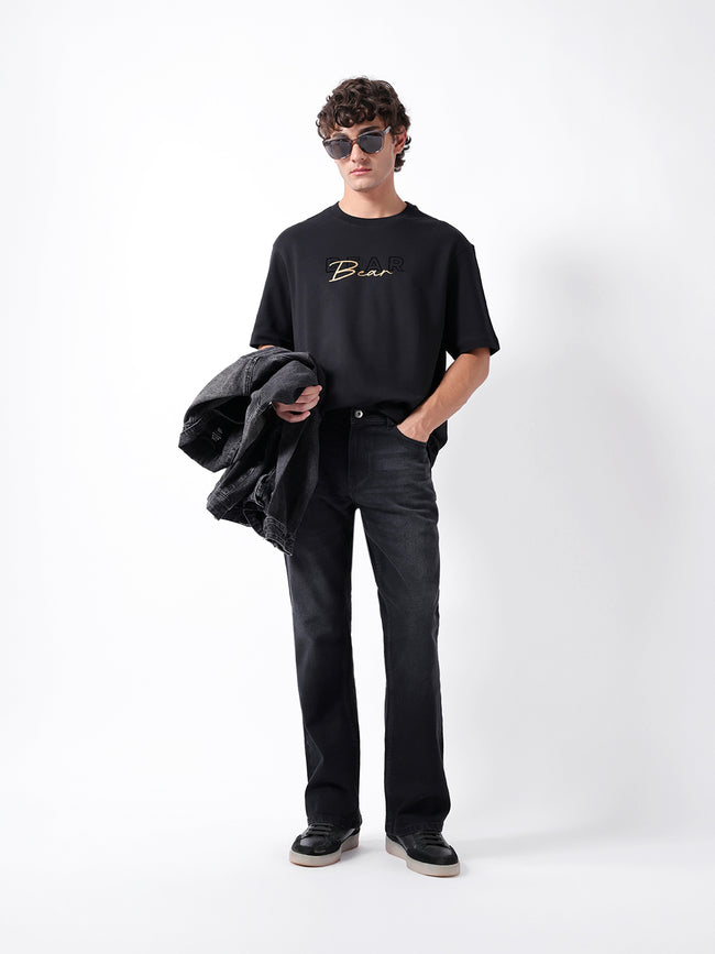 Men Black Graphic Cotton Crew Neck T-Shirt