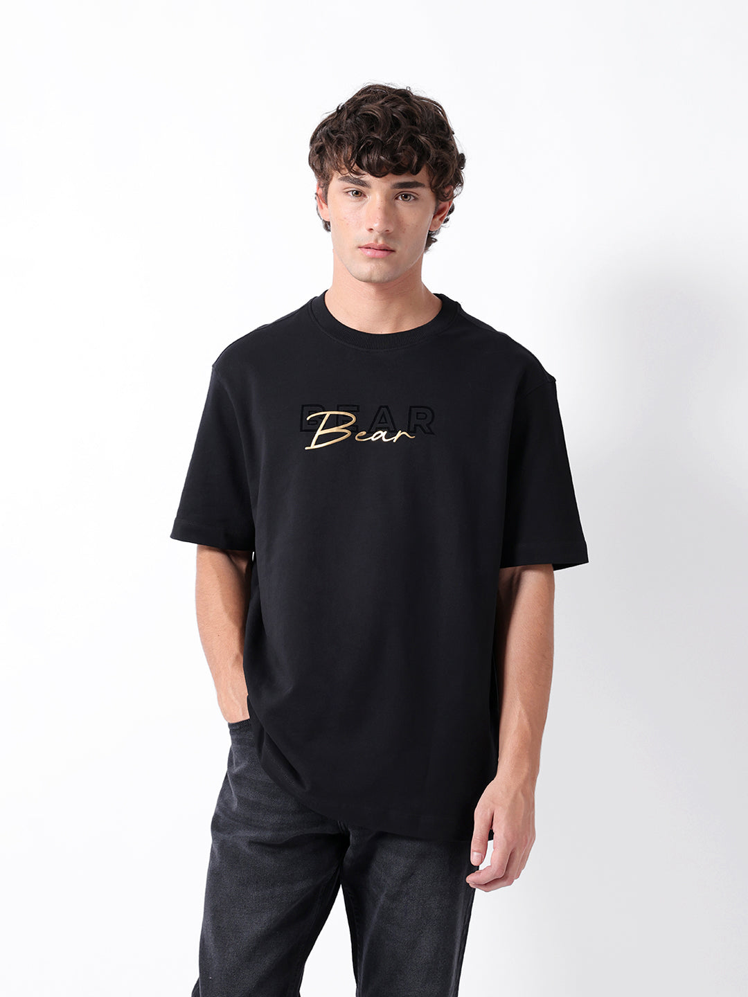 Men Black Graphic Cotton Crew Neck T-Shirt