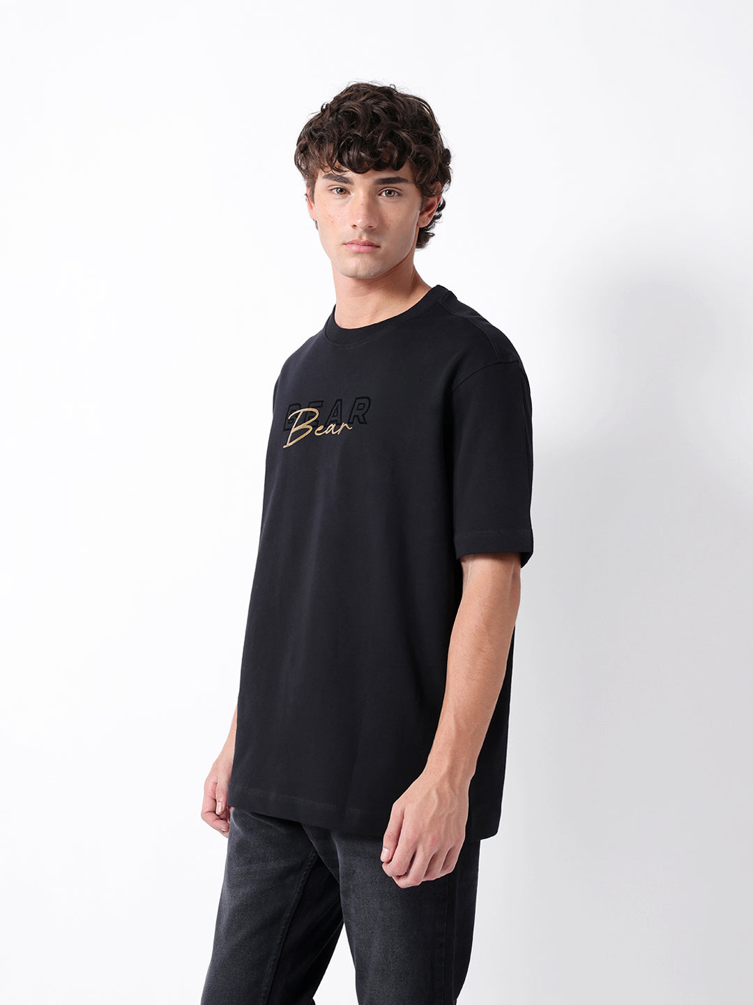 Men Black Graphic Cotton Crew Neck T-Shirt