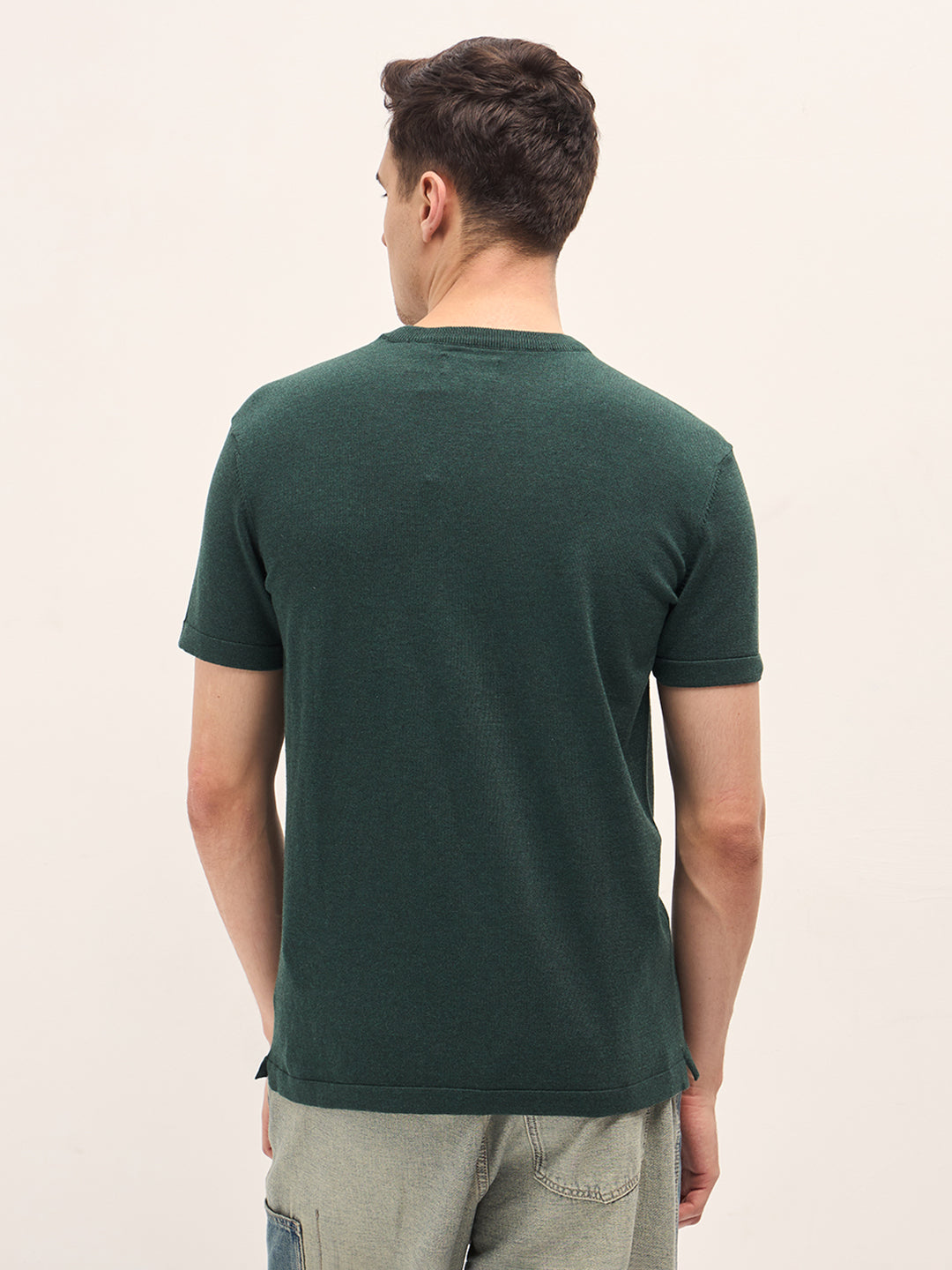 Men Green Solid Regular Fit Ribbed Crew Neck T-shirt