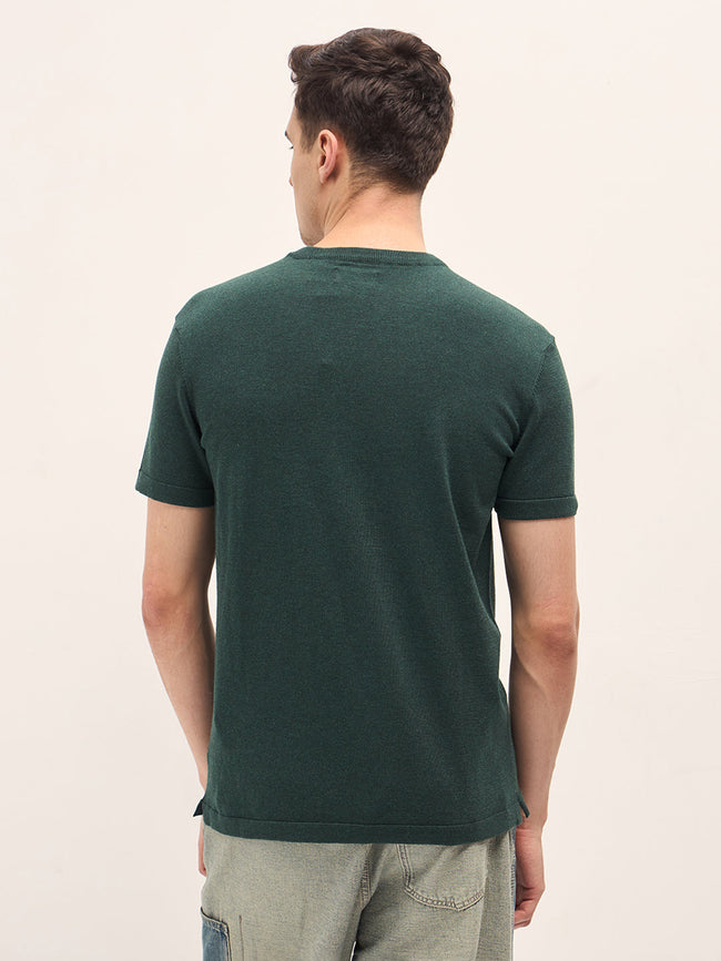 Men Green Solid Regular Fit Ribbed Crew Neck T-shirt