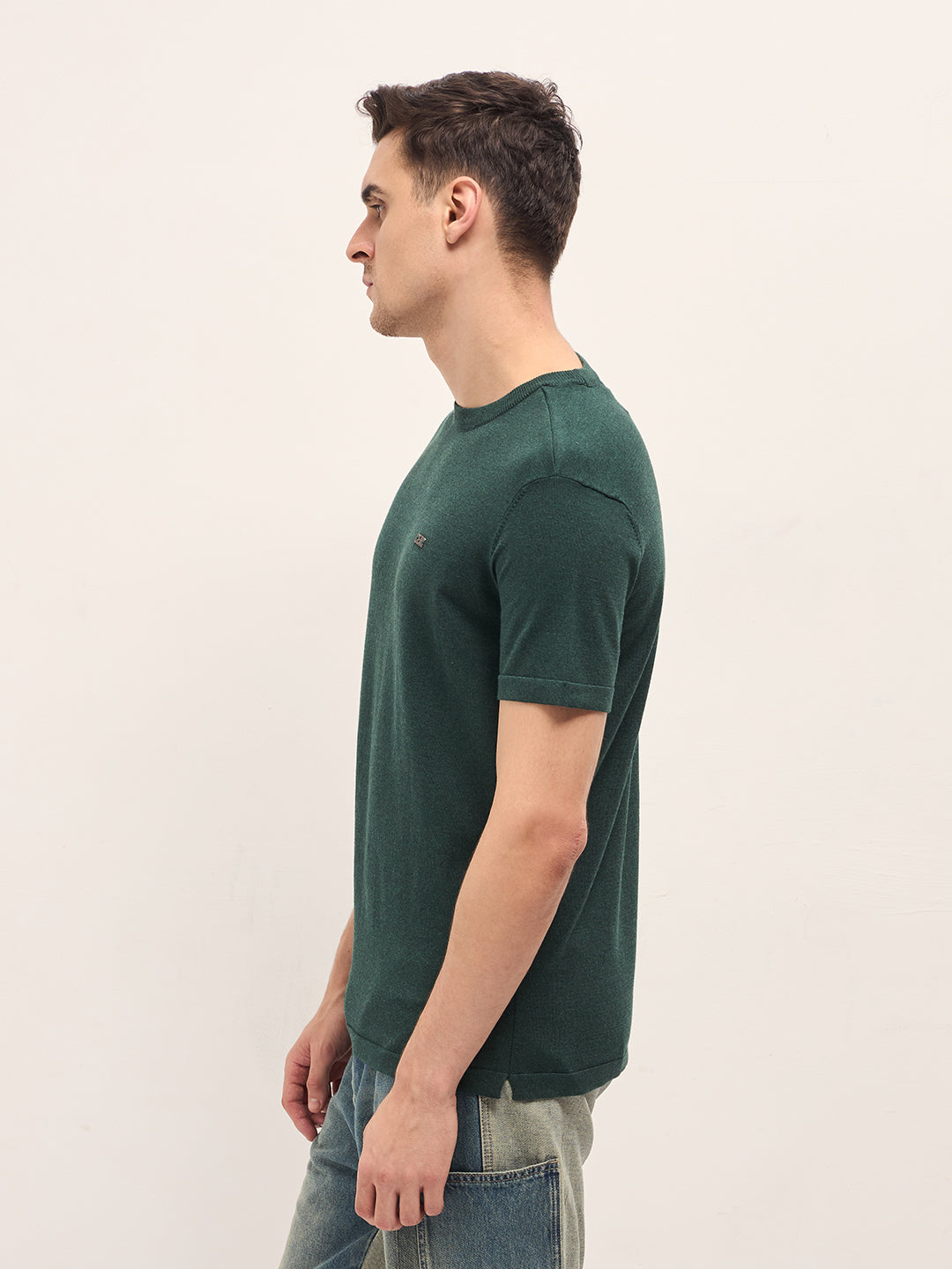 Men Green Solid Regular Fit Ribbed Crew Neck T-shirt