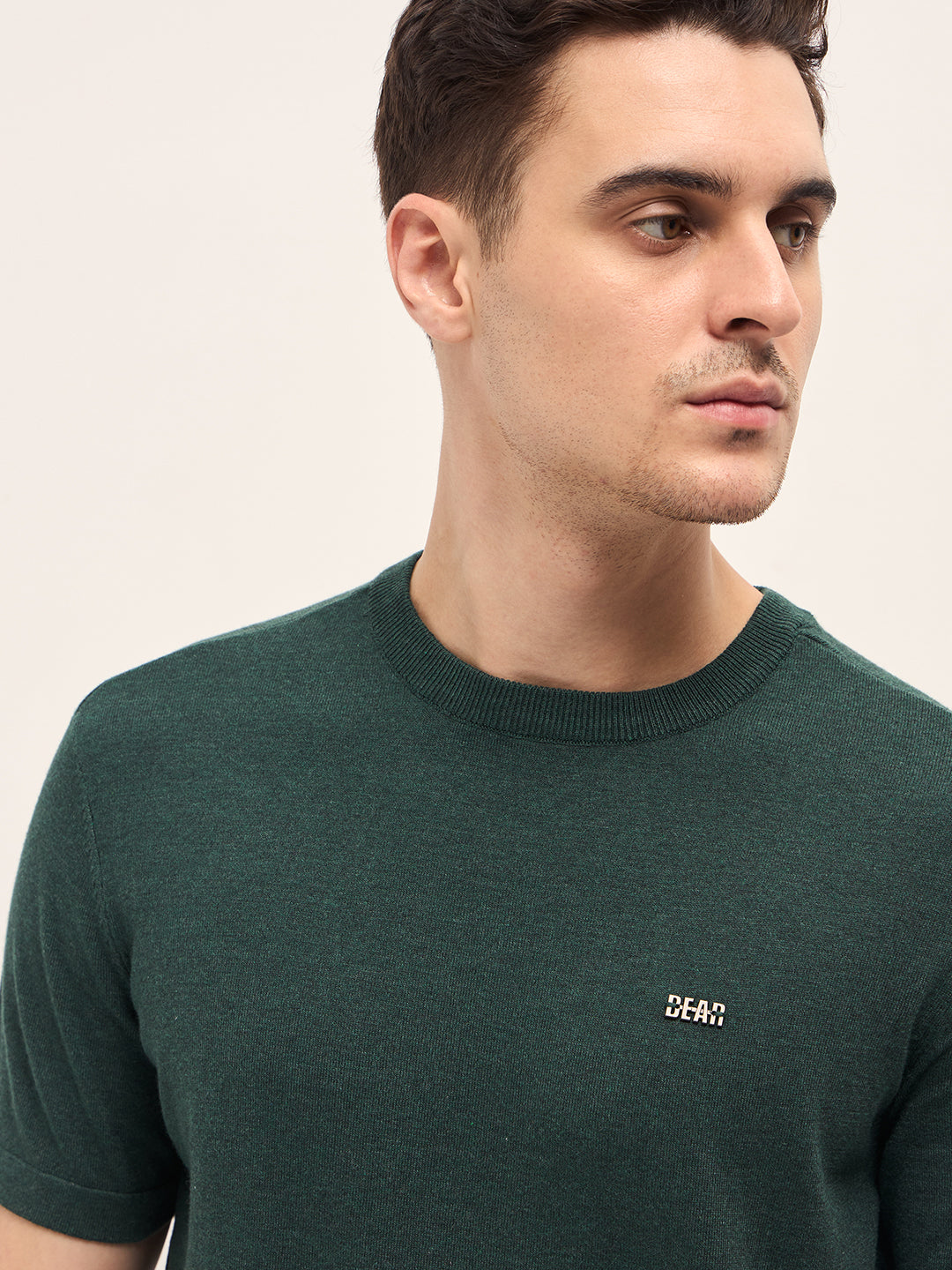 Men Green Solid Regular Fit Ribbed Crew Neck T-shirt