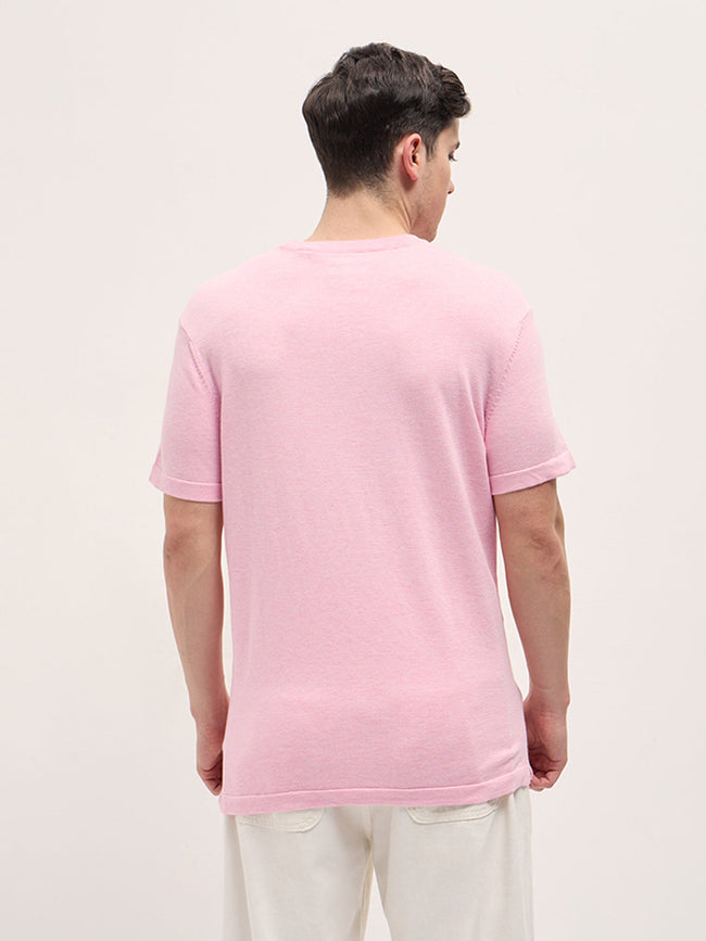 Men Light Pink Solid Regular Fit Ribbed Crew Neck T-shirt