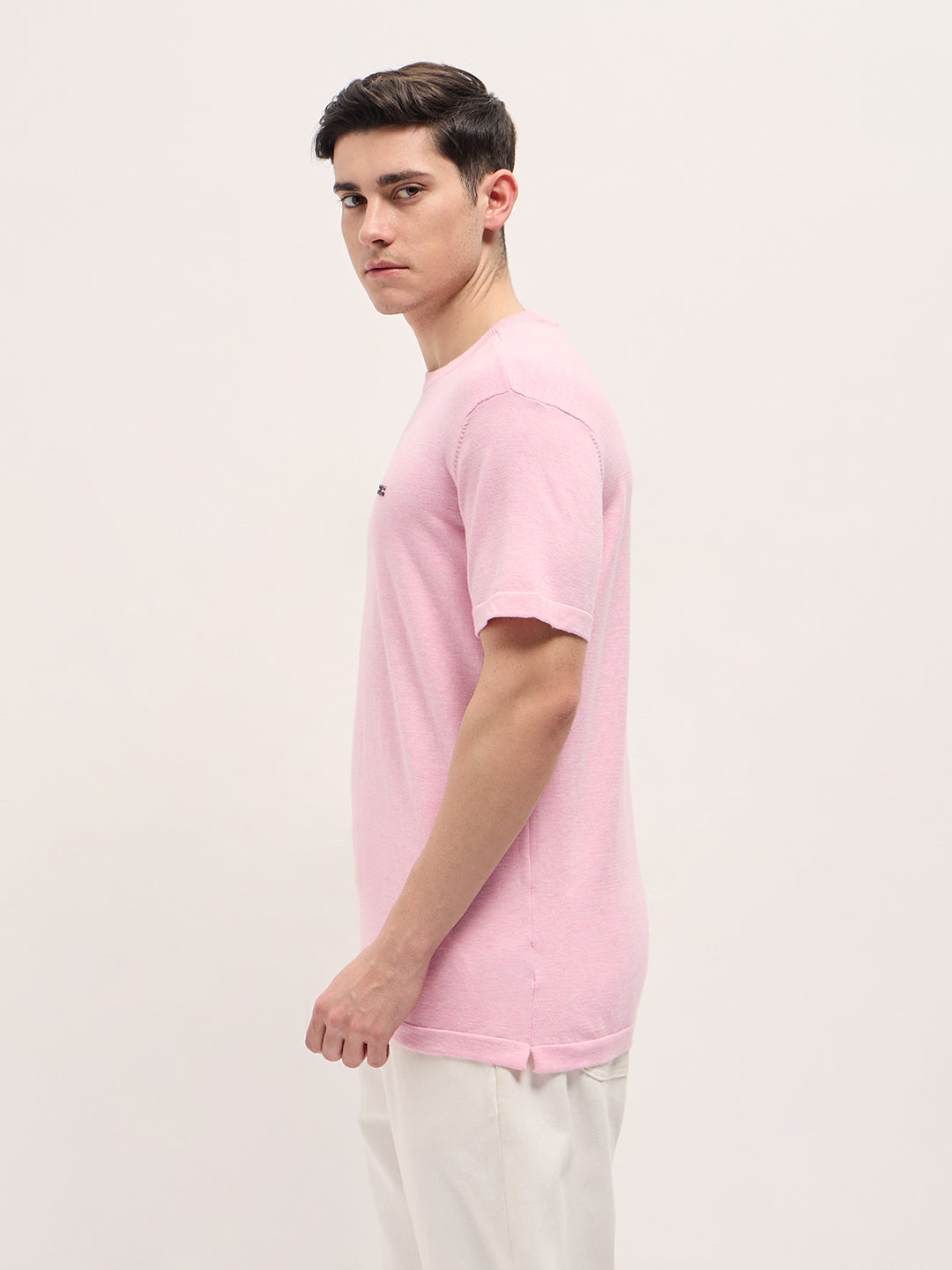 Men Light Pink Solid Regular Fit Ribbed Crew Neck T-shirt