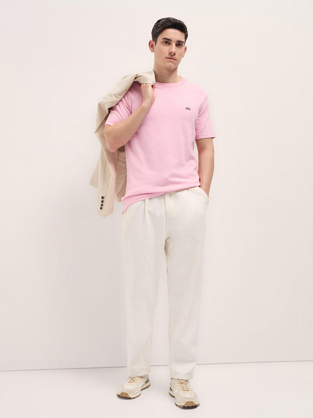 Men Light Pink Solid Regular Fit Ribbed Crew Neck T-shirt