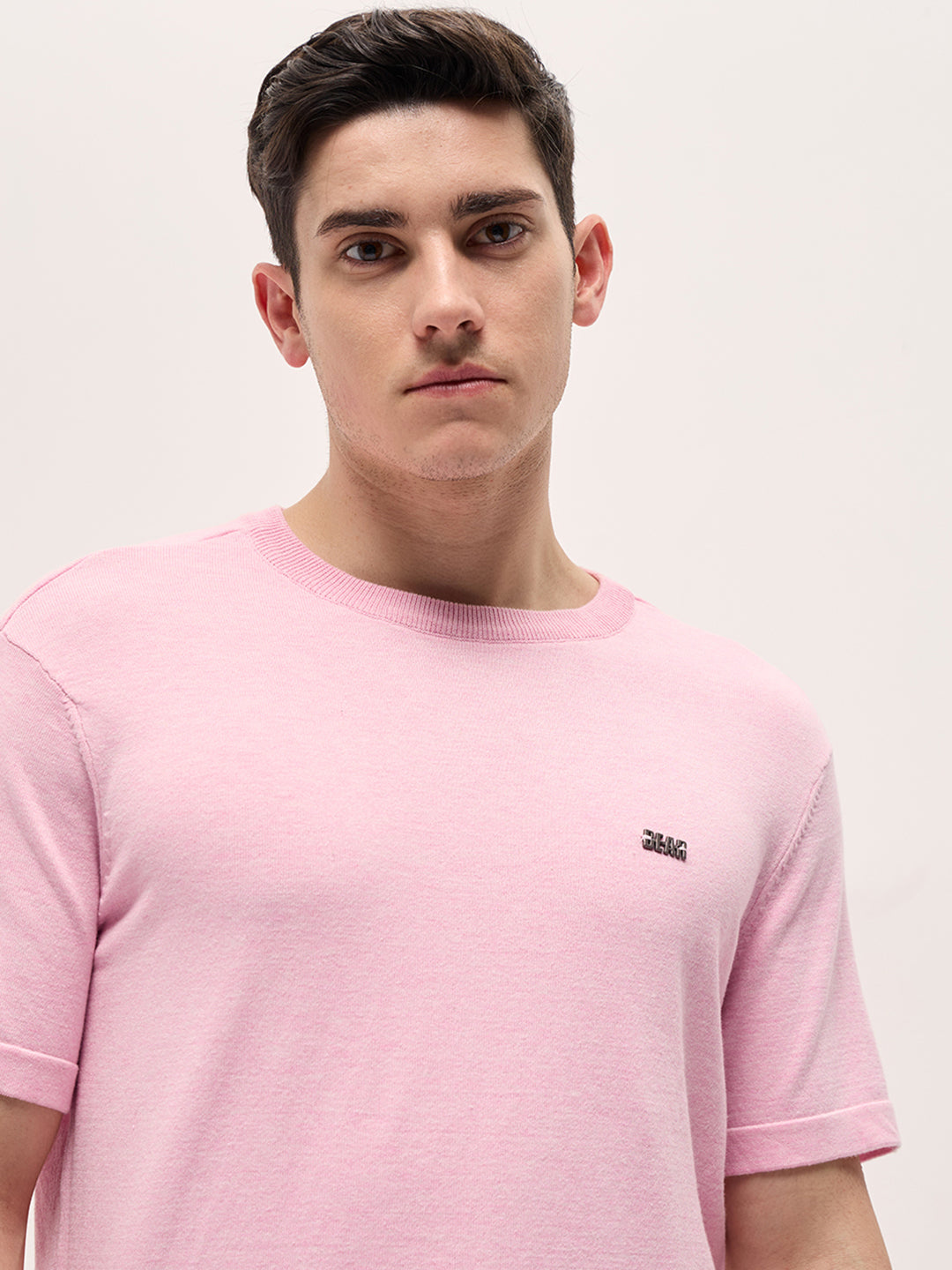 Men Light Pink Solid Regular Fit Ribbed Crew Neck T-shirt