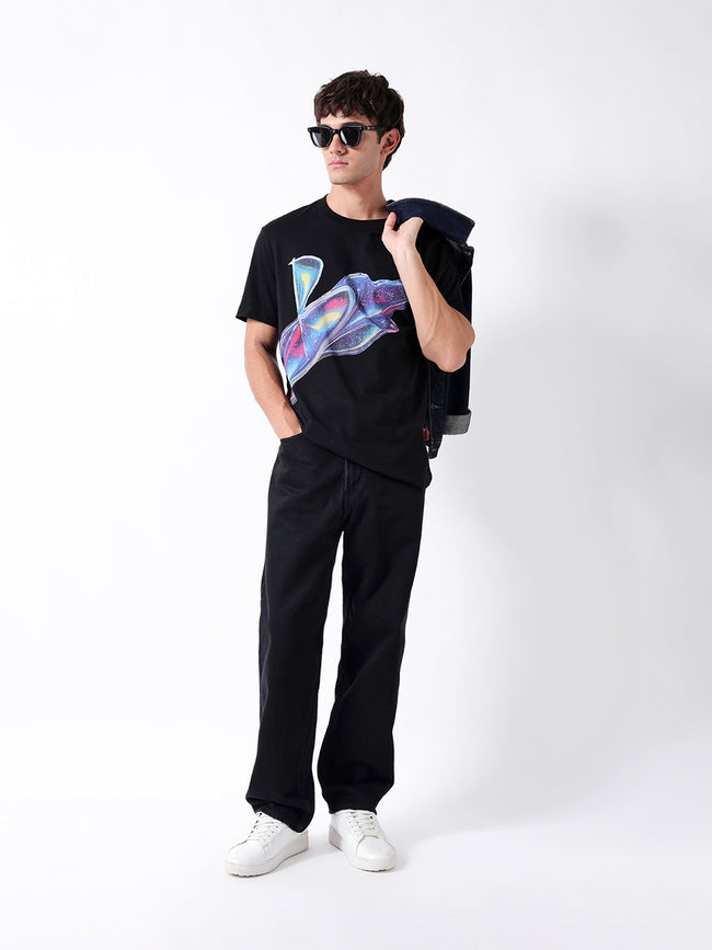 Men Black Graphic Cotton T-Shirt
