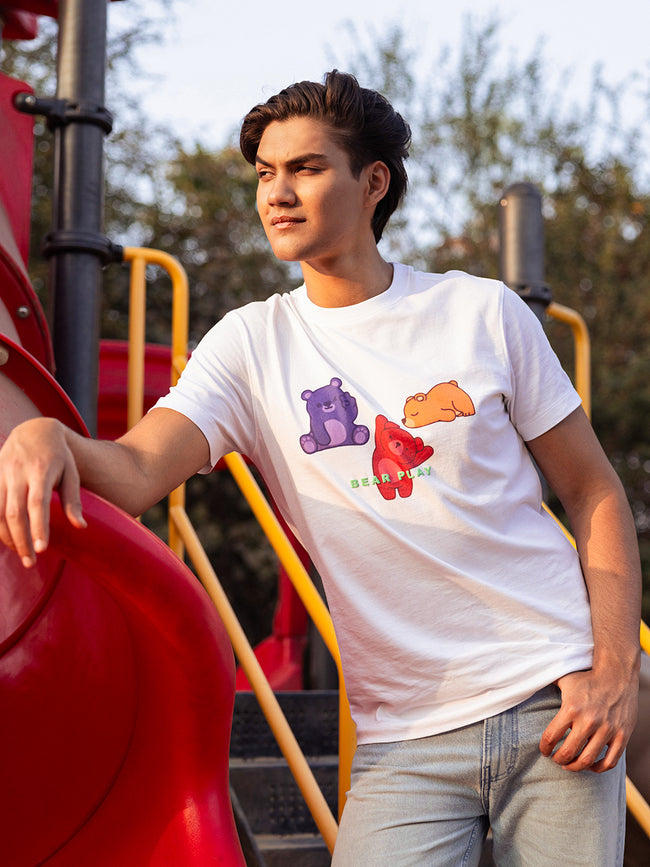 Men White Graphic Cotton Crew Neck T-Shirt