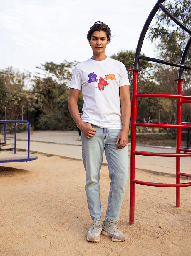Men White Graphic Cotton Crew Neck T-Shirt