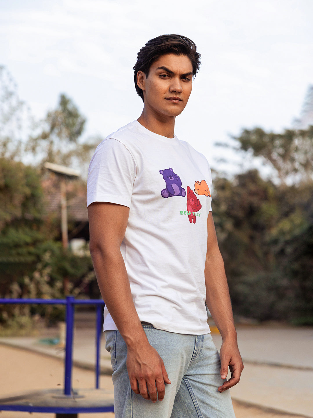 Men White Graphic Cotton Crew Neck T-Shirt