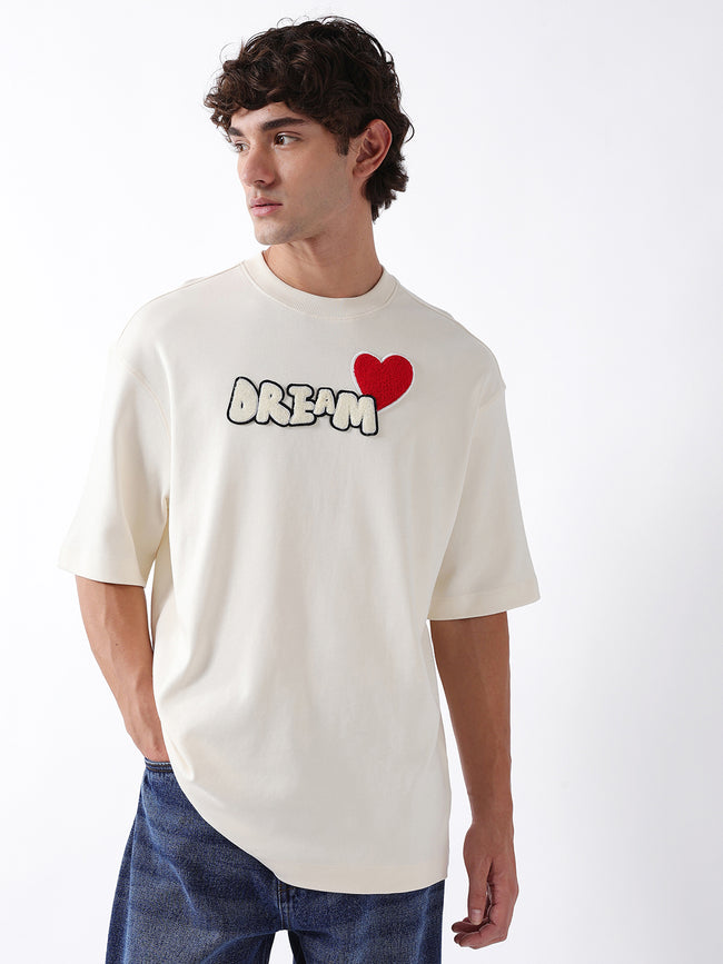 Men Off White Self Design Cotton T-Shirt