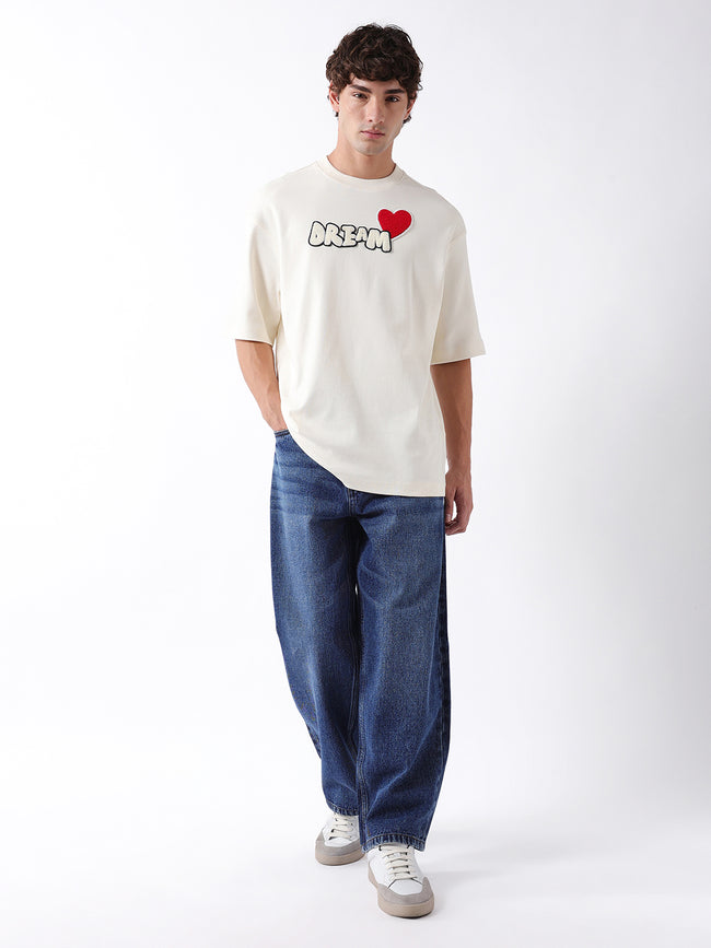 Men Off White Self Design Cotton T-Shirt
