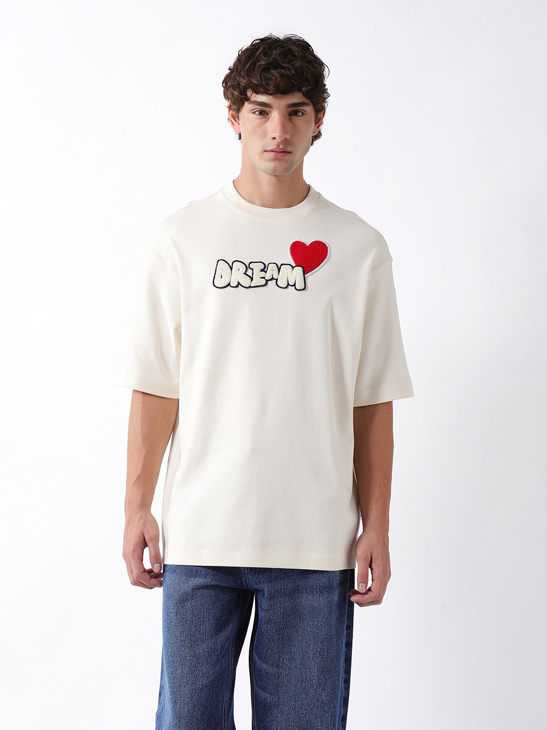 Men Off White Self Design Cotton T-Shirt