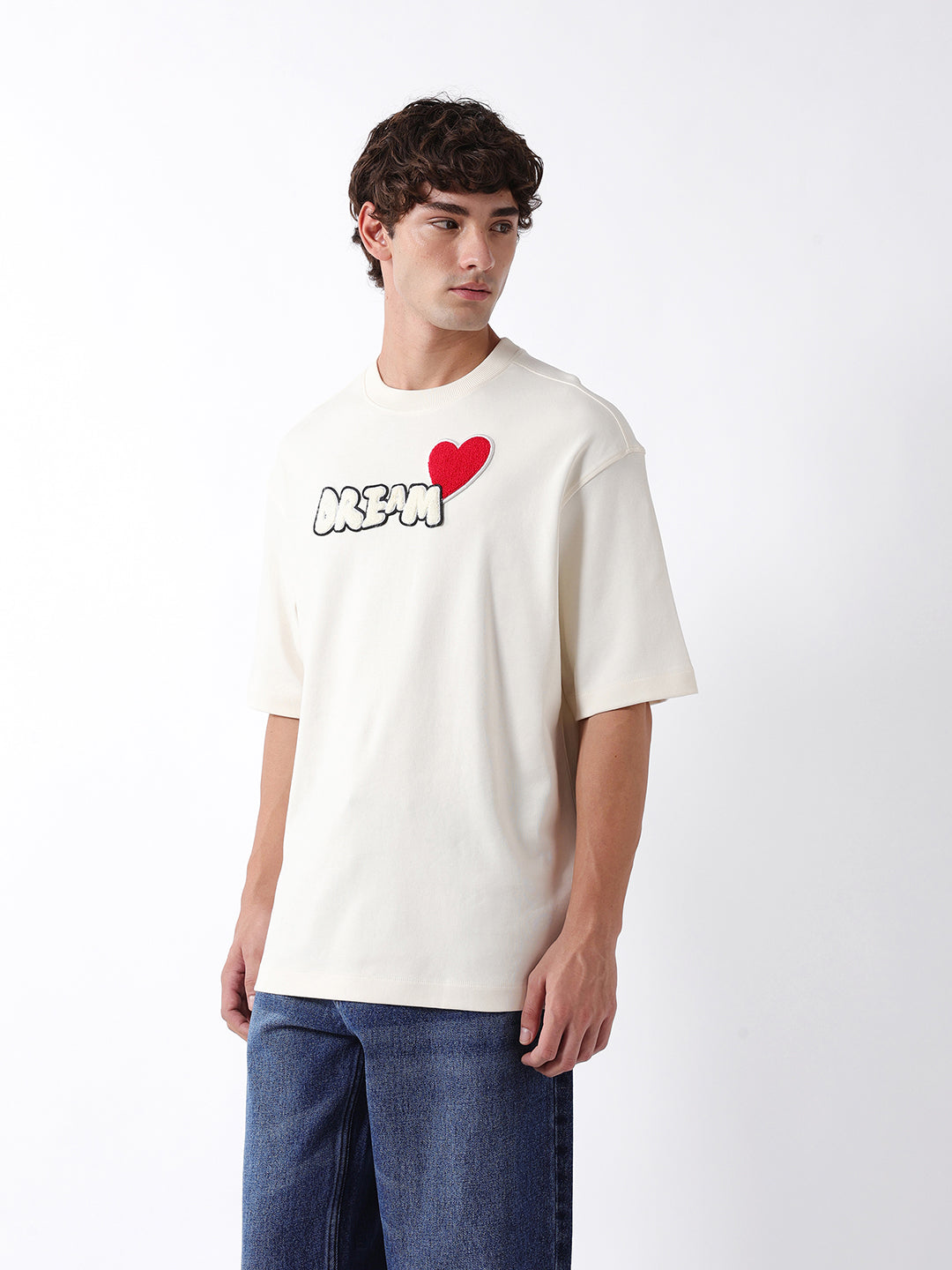 Men Off White Self Design Cotton T-Shirt