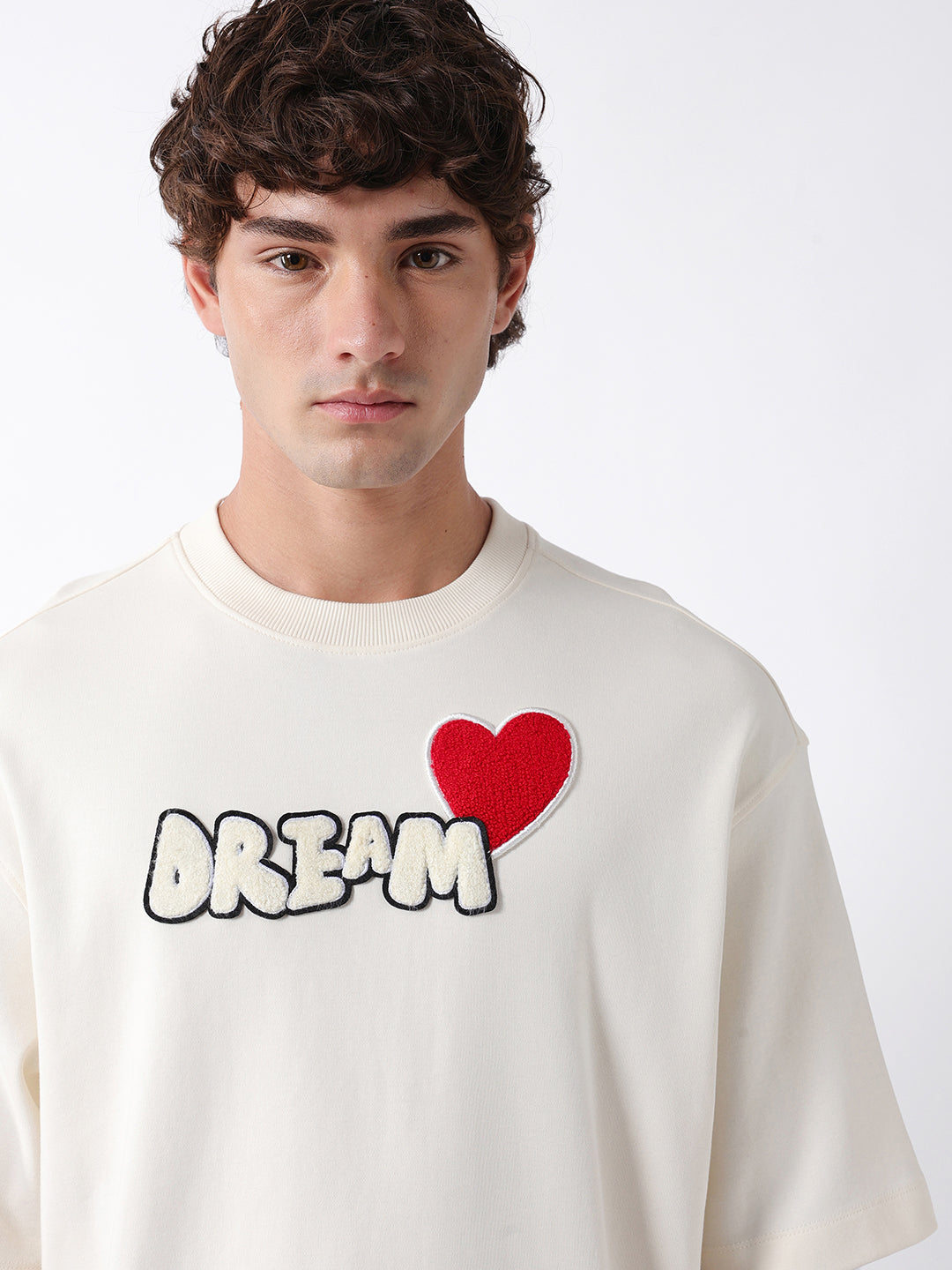Men Off White Self Design Cotton T-Shirt