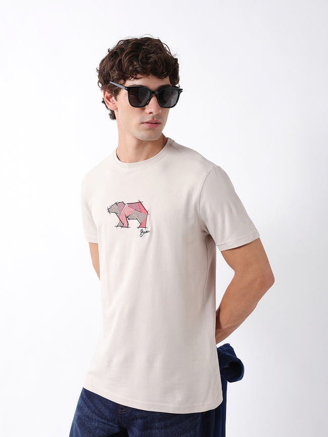 Men Beige Graphic Cotton T-Shirt