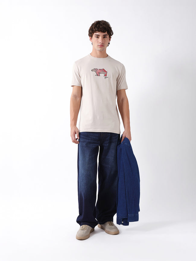 Men Beige Graphic Cotton T-Shirt