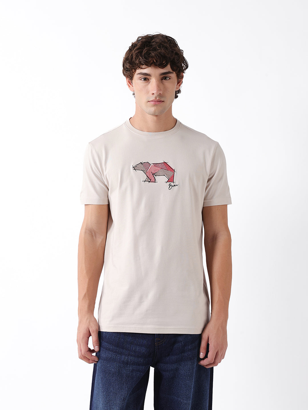 Men Beige Graphic Cotton T-Shirt