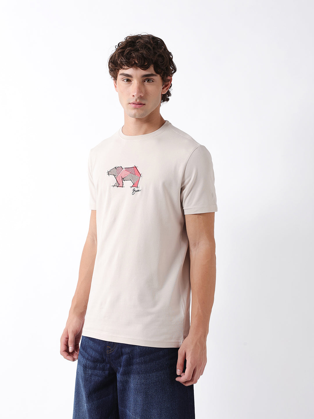 Men Beige Graphic Cotton T-Shirt