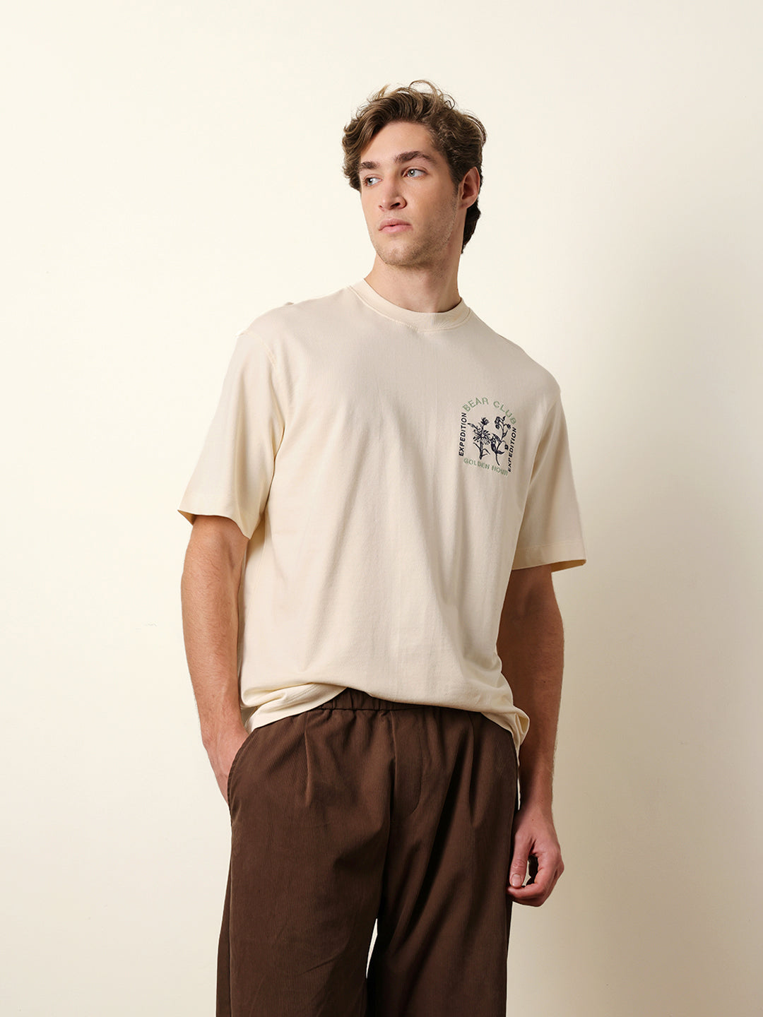 Men Cream Half Sleeve Oversize T-Shirt