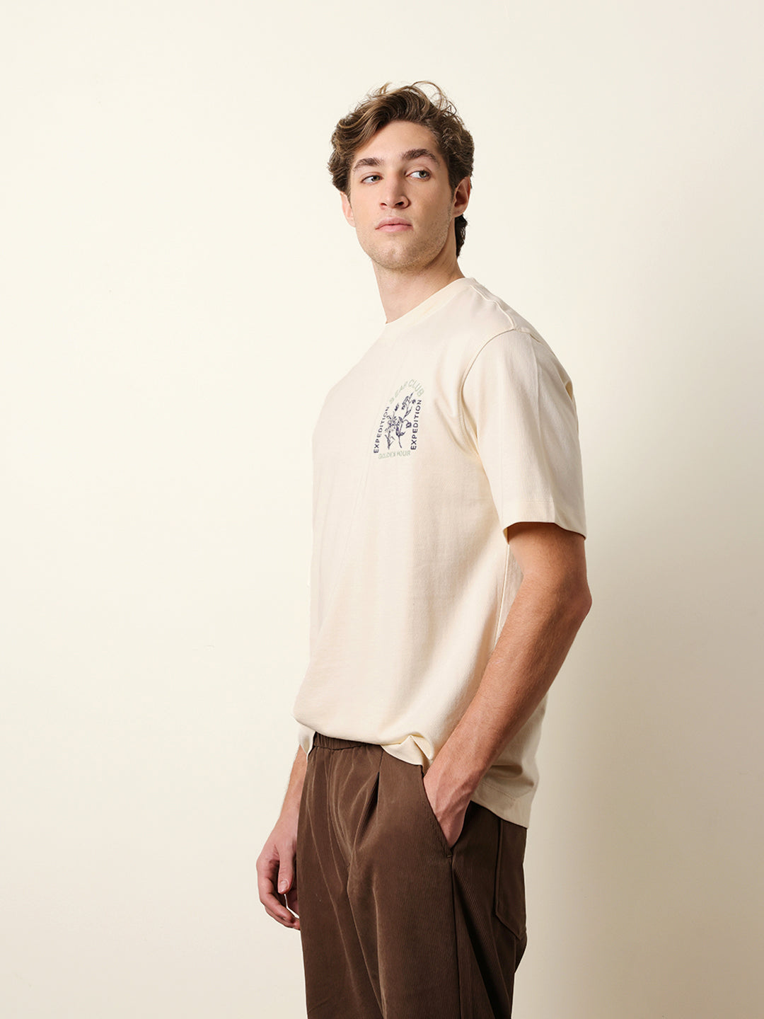 Men Cream Half Sleeve Oversize T-Shirt