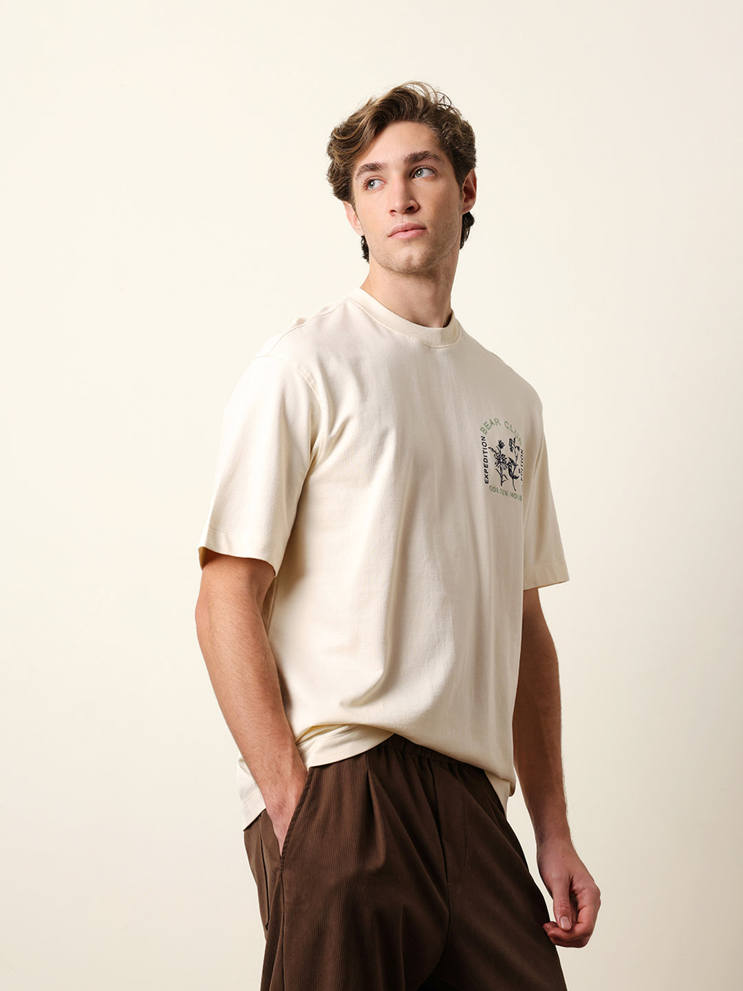 Men Cream Half Sleeve Oversize T-Shirt
