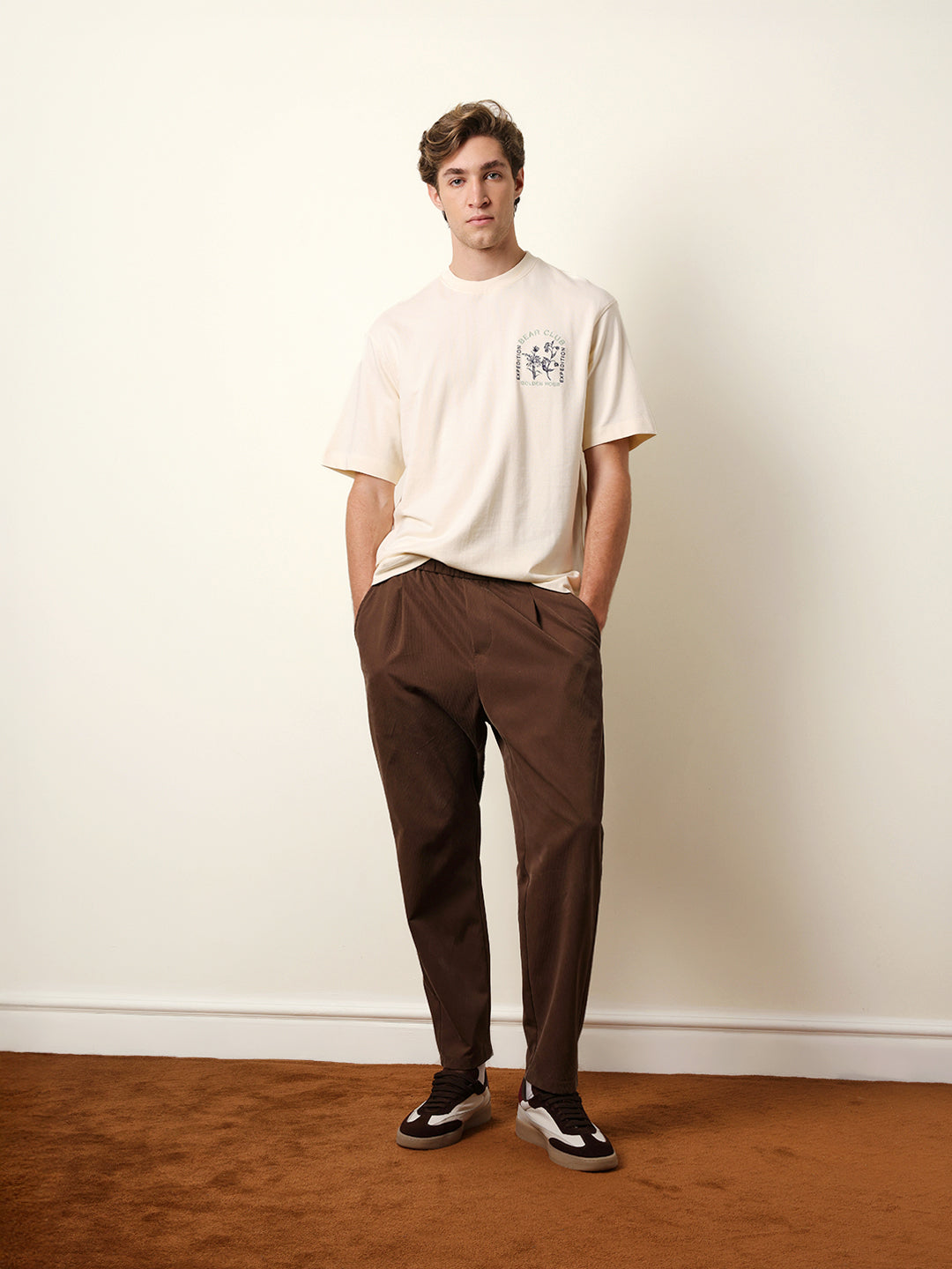 Men Cream Half Sleeve Oversize T-Shirt